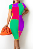 Fluorescent Green Casual Color Lump Print Patchwork Half A Turtleneck Pencil Skirt Dresses