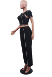 Black Fashion Casual Solid Split Joint O Neck Short Sleeve Three-piece Set