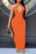 Orange Fashion Sexy Solid Bandage Hollowed Out Backless Halter Long Dress