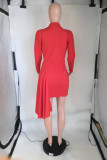 Red Fashion Casual Patchwork Solid Asymmetrical V Neck Long Sleeve Dresses