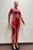 Red Fashion Casual Print Basic Half A Turtleneck Long Sleeve Two Pieces