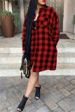 Red Fashion Casual Plaid Print Cardigan Turndown Collar Outerwear