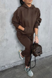 Coffee Casual Solid Split Joint Pocket Hooded Collar Long Sleeve Two Pieces