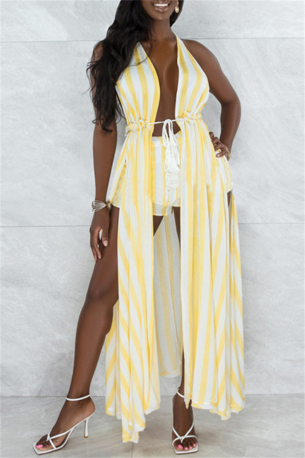 Yellow Fashion Sexy Print Bandage Backless V Neck Sleeveless Two Pieces