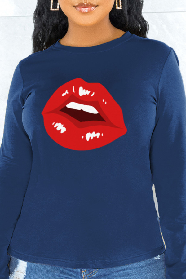 Navy Blue Casual Daily Print Patchwork O Neck Tops