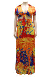 Yellow Casual Vacation Print Bandage Patchwork Fold V Neck Short Sleeve Two Pieces