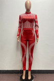 Red Fashion Casual Print Basic Half A Turtleneck Long Sleeve Two Pieces