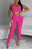 Rose Red Fashion Casual Solid Slit Fold Regular High Waist Trousers