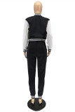 Black Fashion Casual Patchwork Cardigan Pants Long Sleeve Two Pieces