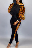 Leopard print Fashion Sexy Print Patchwork O Neck Long Sleeve Two Pieces