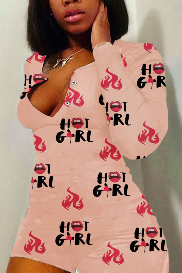 Khaki Living Print V Neck Rompers