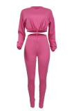 Rose Red Fashion Casual Solid Basic O Neck Long Sleeve Two Pieces