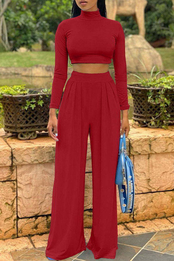 Burgundy Fashion Casual Solid Basic Turtleneck Long Sleeve Two Pieces