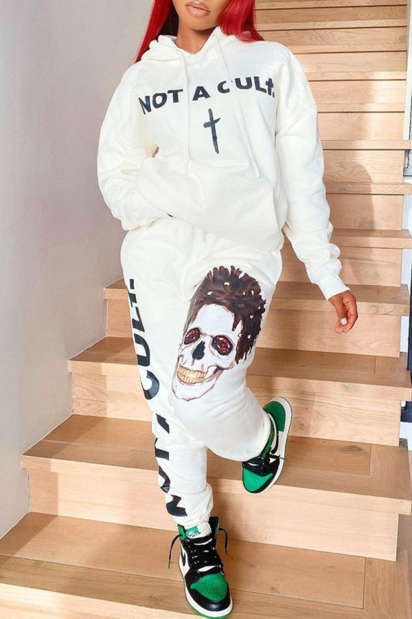 White Fashion Casual Skull Head Print Basic Hooded Collar Long Sleeve Two Pieces