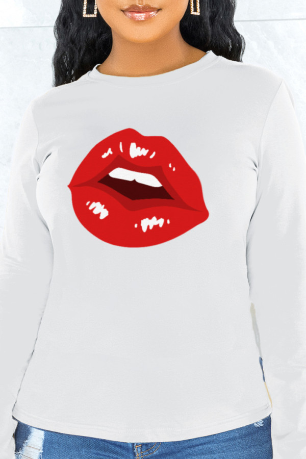 White Casual Daily Print Patchwork O Neck Tops