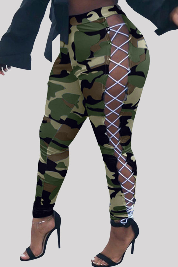 Green Fashion Casual Camouflage Print Bandage Hollowed Out Regular High Waist Trousers