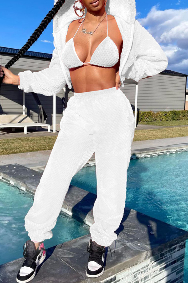 White Fashion Casual Solid Basic Hooded Collar Long Sleeve Three-piece Set