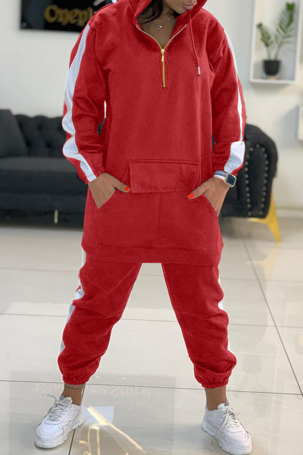 Red Fashion Casual Patchwork Zipper Hooded Collar Long Sleeve Two Pieces