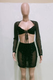 Black Sexy Patchwork Bronzing See-through Square Collar Long Sleeve Two Pieces
