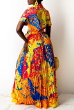 Yellow Casual Vacation Print Bandage Patchwork Fold V Neck Short Sleeve Two Pieces