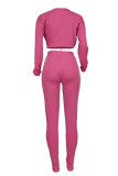 Rose Red Fashion Casual Solid Basic O Neck Long Sleeve Two Pieces