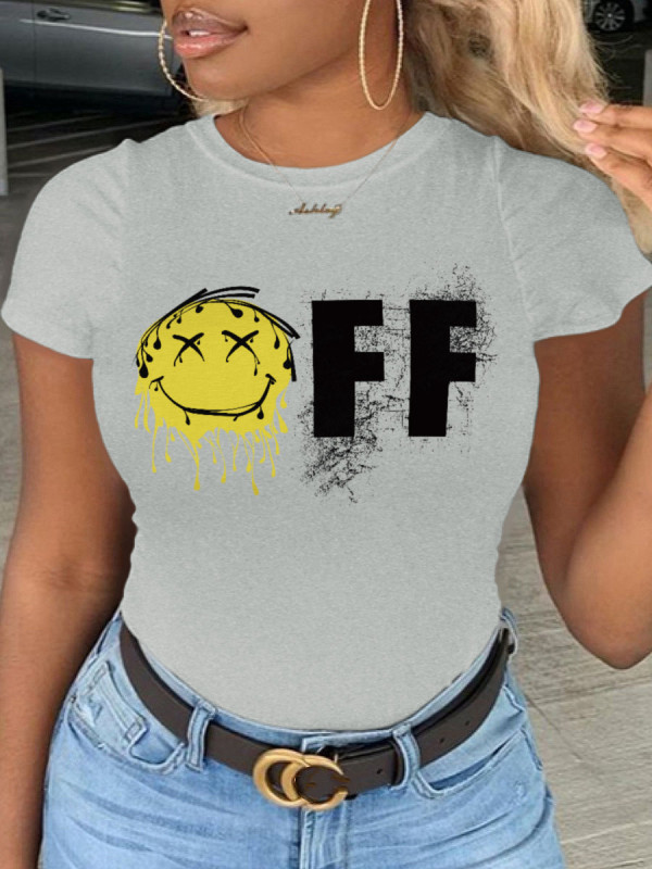Grey Casual Daily Print Patchwork O Neck T-Shirts