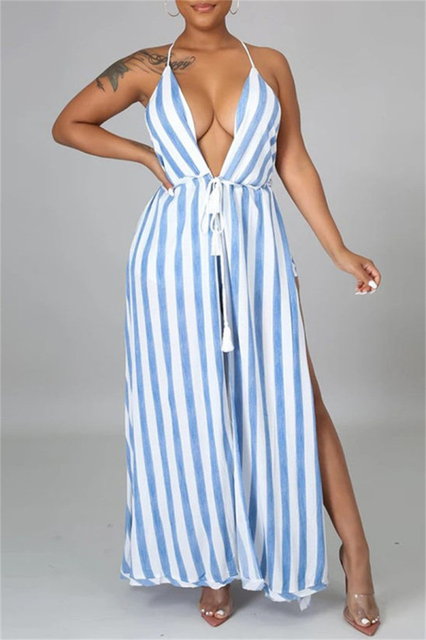Blue Fashion Sexy Print Bandage Backless V Neck Sleeveless Two Pieces