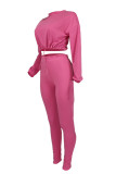 Rose Red Fashion Casual Solid Basic O Neck Long Sleeve Two Pieces