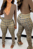 Brown Fashion Casual Plaid Print Basic Regular High Waist Pencil Trousers