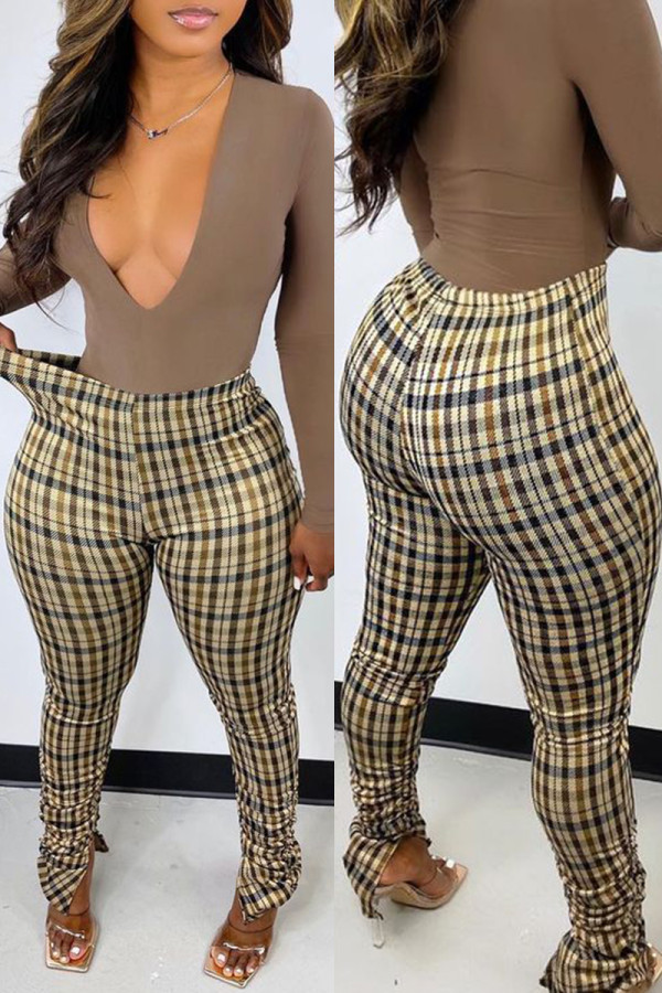 Brown Fashion Casual Plaid Print Basic Regular High Waist Pencil Trousers