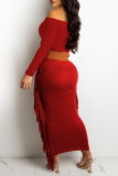 Red Fashion Casual Solid Tassel Off the Shoulder Long Sleeve Dresses (Without Belt)
