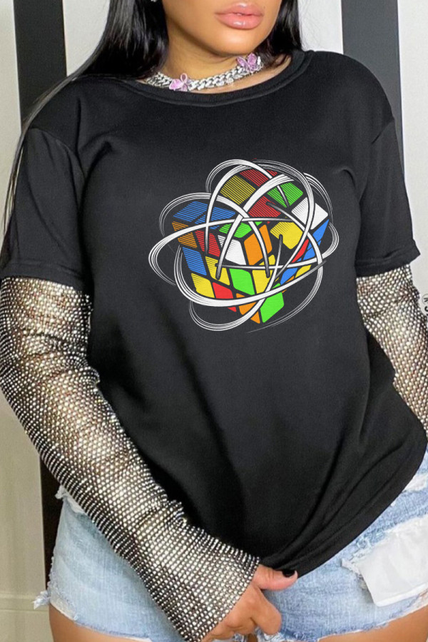 Black Casual Daily Print Patchwork O Neck T-Shirts