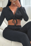 Coffee Fashion Casual Solid Bandage Zipper Collar Long Sleeve Two Pieces