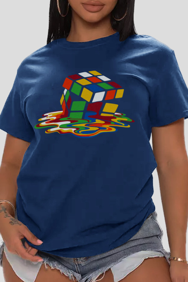 Navy Blue Casual Street Print Patchwork O Neck T-Shirts