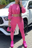 Rose Red Fashion Casual Solid Basic O Neck Long Sleeve Two Pieces