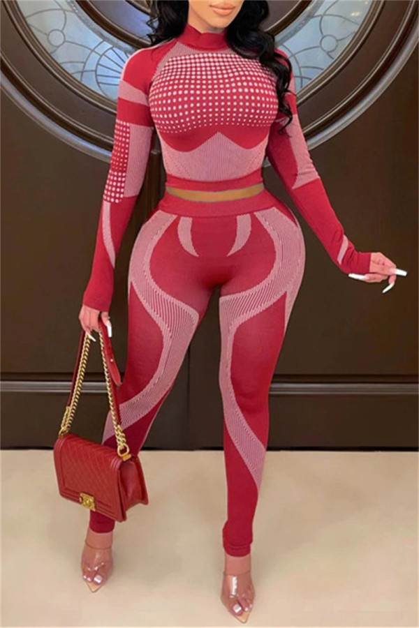 Red Fashion Casual Print Basic Half A Turtleneck Long Sleeve Two Pieces