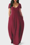 Rose Red Casual Solid Patchwork Pocket V Neck Short Sleeve Dress Dresses