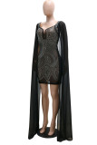 Red Sexy Celebrities Solid Patchwork Asymmetrical Hot Drill V Neck A Line Dresses