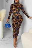 Multicolor Fashion Casual Print Backless Half A Turtleneck Long Sleeve Two Pieces