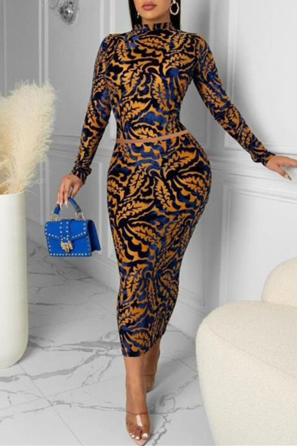 Multicolor Fashion Casual Print Backless Half A Turtleneck Long Sleeve Two Pieces
