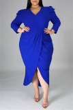 Blue Fashion Casual Solid Split Joint V Neck Long Sleeve Plus Size Dresses