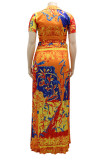 Yellow Casual Vacation Print Bandage Patchwork Fold V Neck Short Sleeve Two Pieces