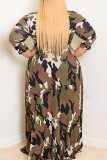 Army Green Fashion Casual Plus Size Camouflage Print Basic O Neck Printed Dress