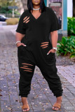 Blue Fashion Casual Solid Ripped V Neck Loose Jumpsuits