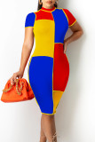 Fluorescent Green Casual Color Lump Print Patchwork Half A Turtleneck Pencil Skirt Dresses