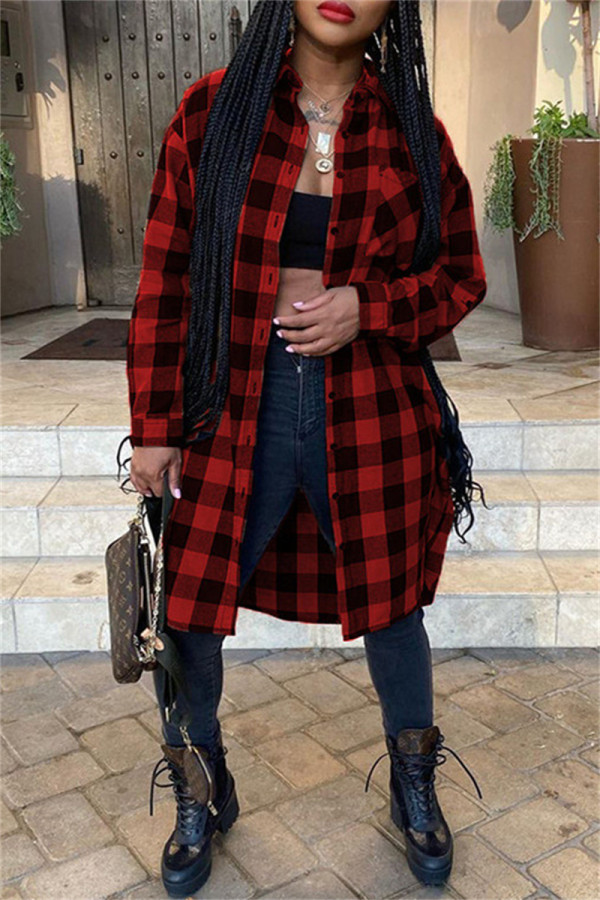 Red Fashion Casual Plaid Print Cardigan Turndown Collar Outerwear