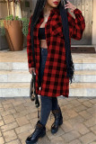 Red Fashion Casual Plaid Print Cardigan Turndown Collar Outerwear