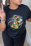 Black Casual Daily Print Patchwork O Neck T-Shirts