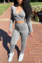 Grey Sexy Solid Split Joint Fold V Neck Long Sleeve Two Pieces