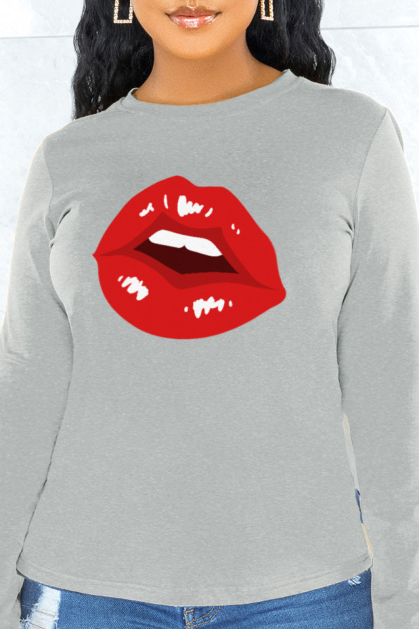 Grey Casual Daily Print Patchwork O Neck Tops